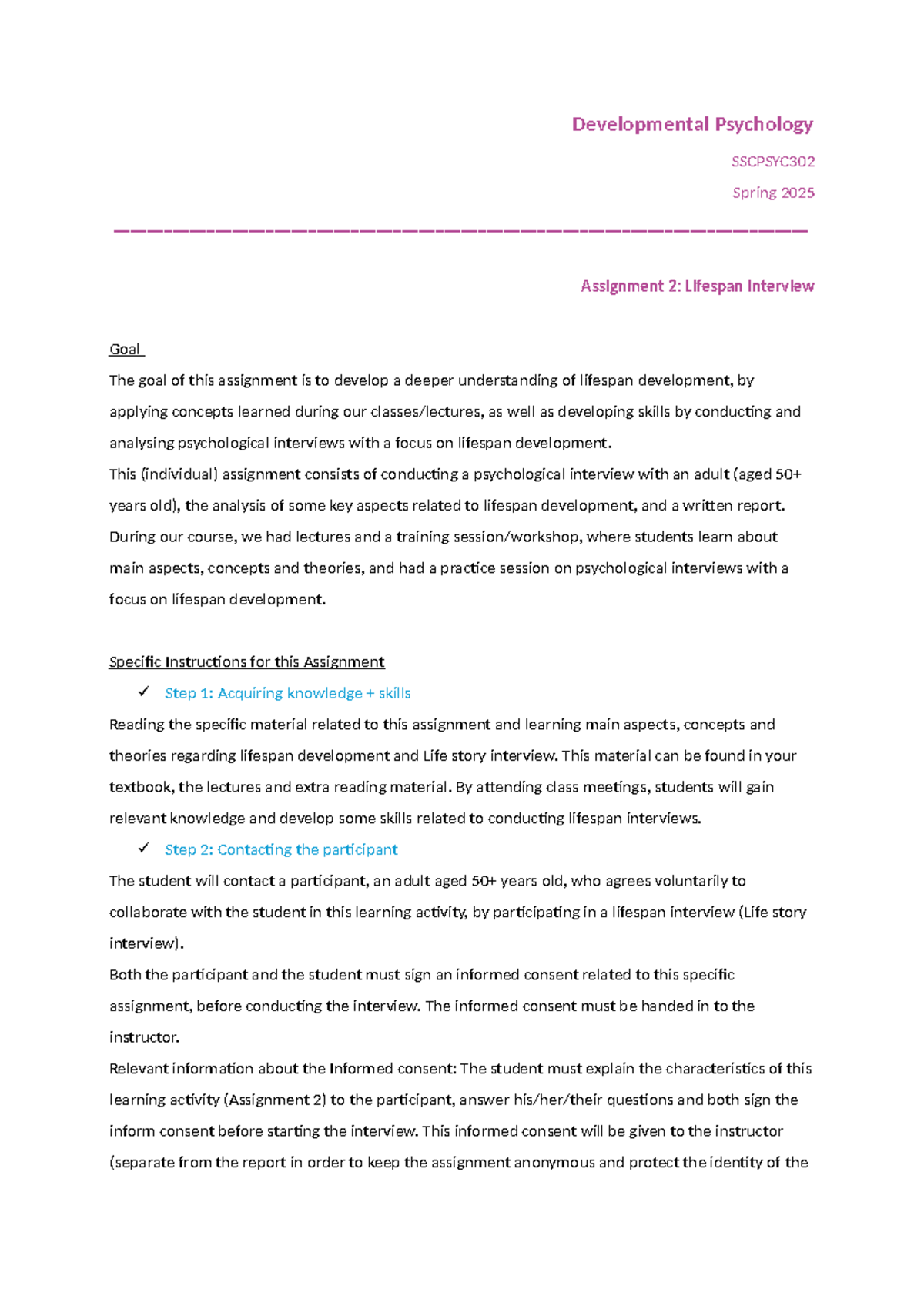 Lifespan Interview Assignment 2 - Developmental Psychology SSCPSYC302 ...