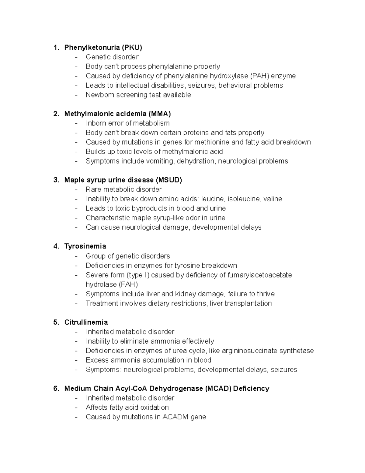 Metabolic Disorders Overview: PKU, MMA, MSUD, Tyrosinemia ...