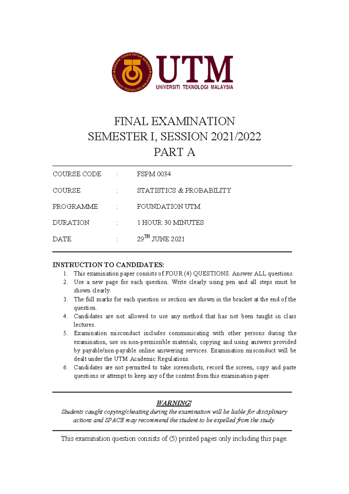 SET 5 Final EXAM PART A - practise. - FINAL EXAMINATION SEMESTER I ...