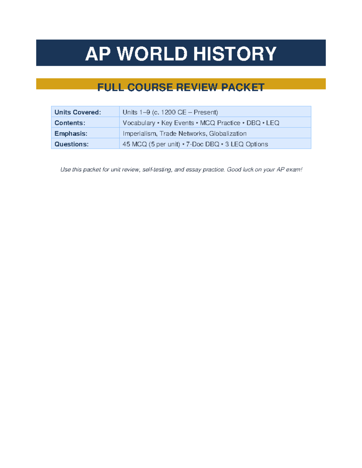 AP WORLD HISTORY REVIEW PACKET: Comprehensive Exam Prep Guide - Studocu
