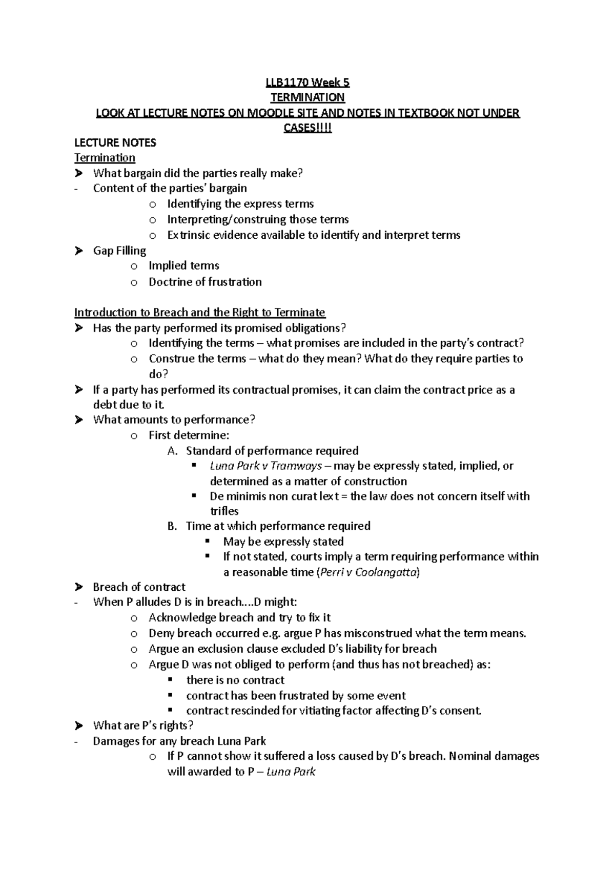 Week 5 LLB1170 NOTES - LLB1170 Week 5 TERMINATION LOOK AT LECTURE NOTES ...