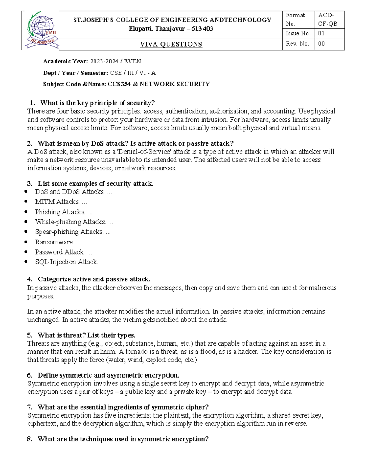 CCS354 VIVA Questions on Network Security - Academic Year 2023-2024 ...