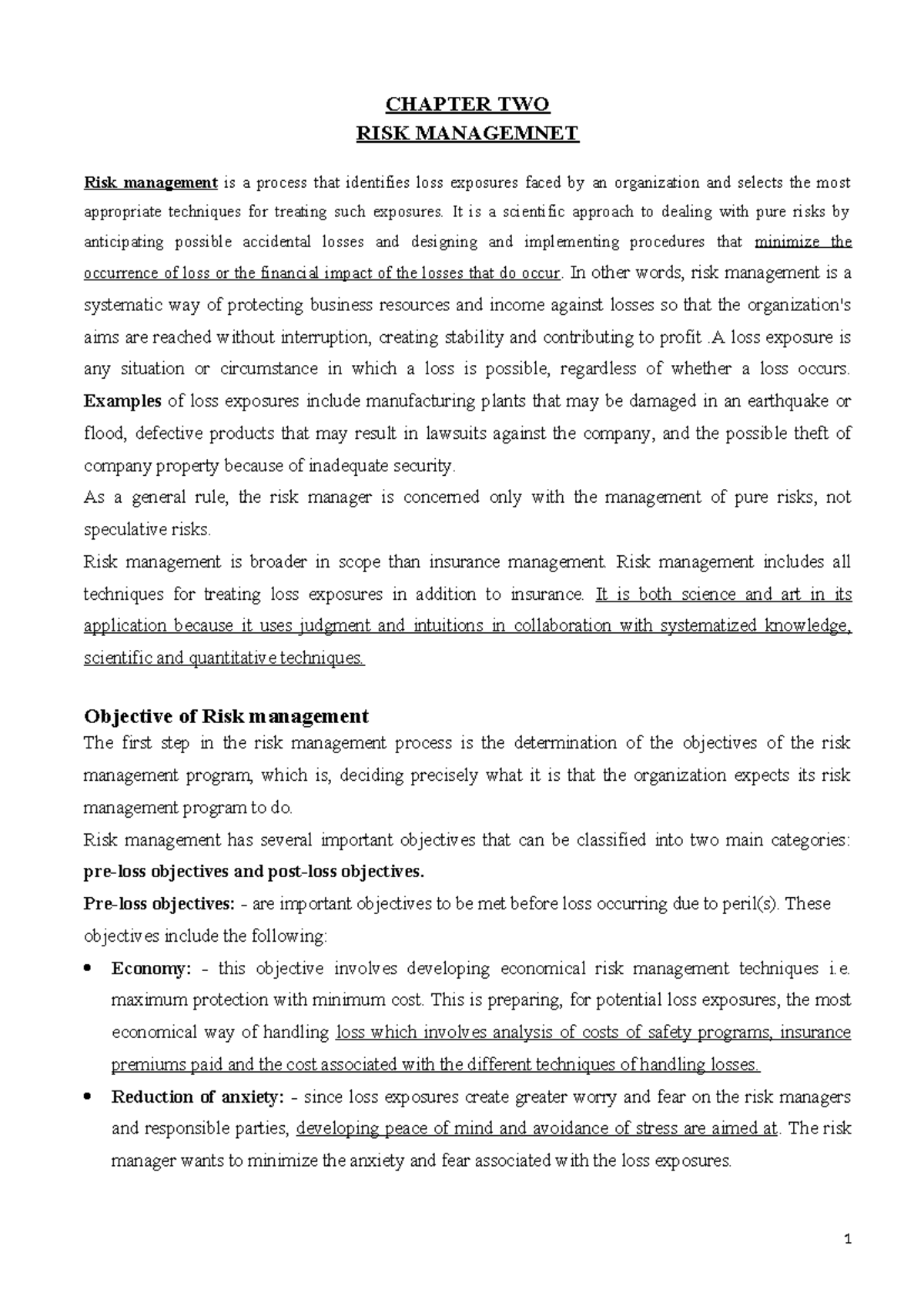 RISK CH 2 - Risk management - CHAPTER TWO RISK MANAGEMNET Risk ...