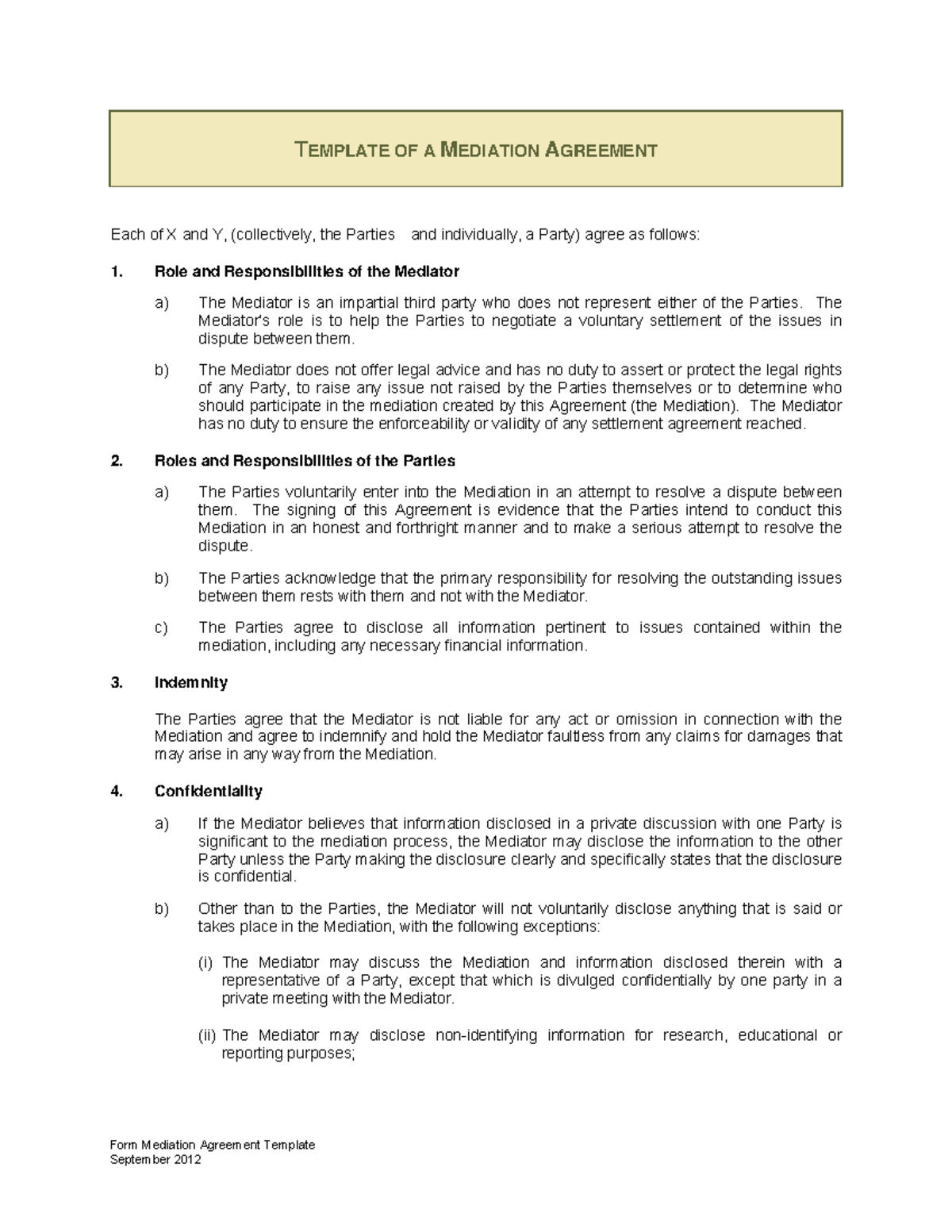 Mediation Agreement Template - Roles, Responsibilities & Indemnity ...