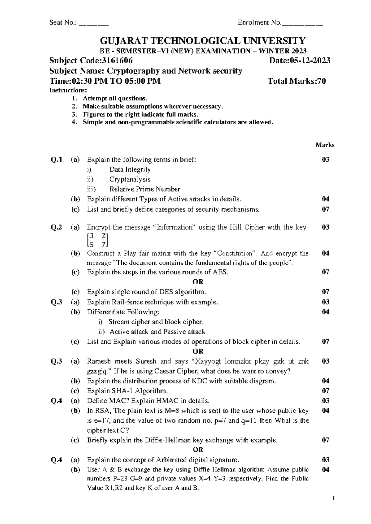 3161606 - Cryptography & Network Security Exam Paper - Summer 2022 ...