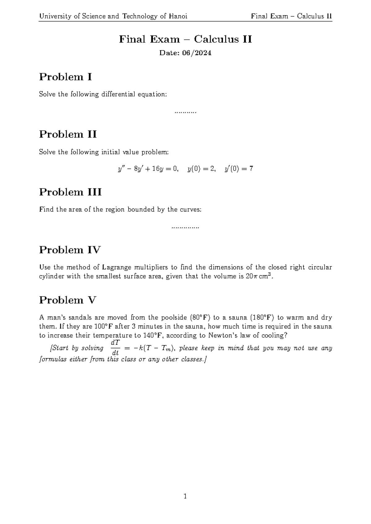 HUST Final Exam Calculus II: Differential Equations & Optimization ...