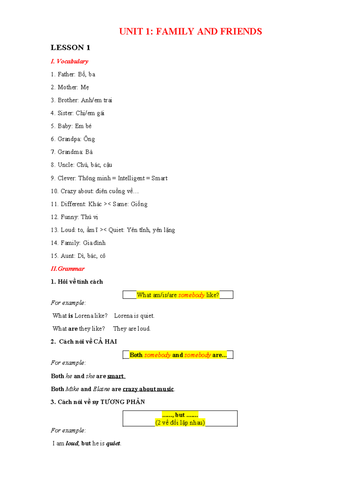 Wonderful World 5: Unit 1 - Family and Friends Lesson Notes - Studocu