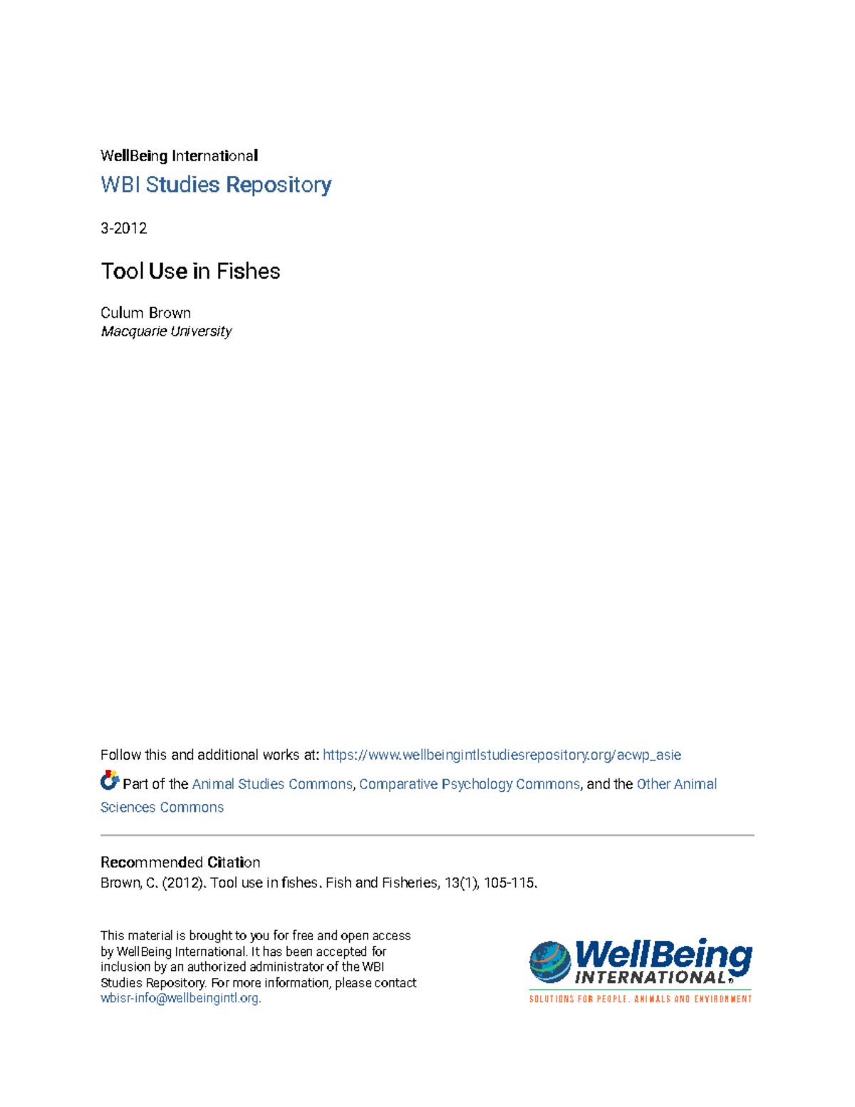 Tool Use in Fishes - Good reading - WellBeing InternationalWellBeing ...