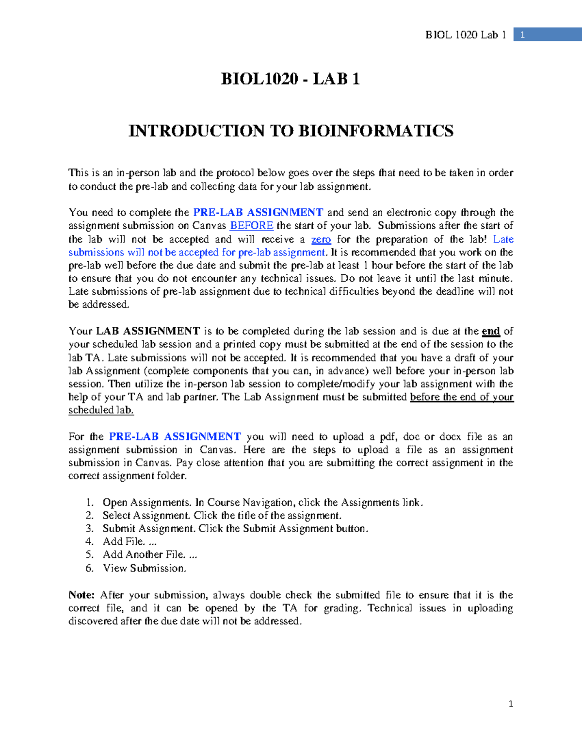 Lab 1- Bioinformatics Introduction and Protocol - BIOL1020 - LAB 1 ...