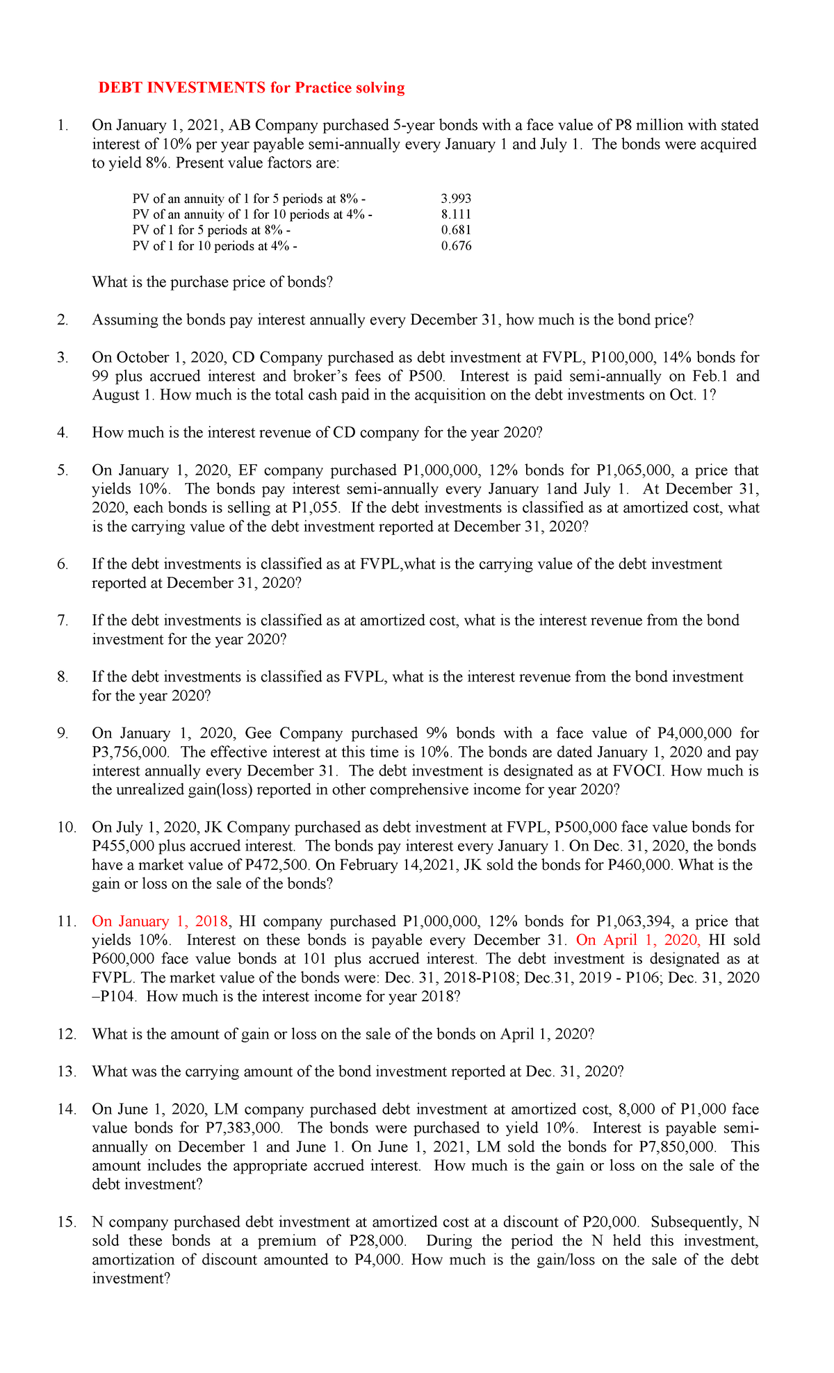 Debt Investments Practice Problems for Financial Analysis - Studocu