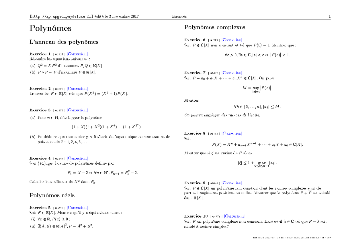 Polynômes - Exercices et Énoncés (Cours 00271, 02127, 02674, 03342 ...