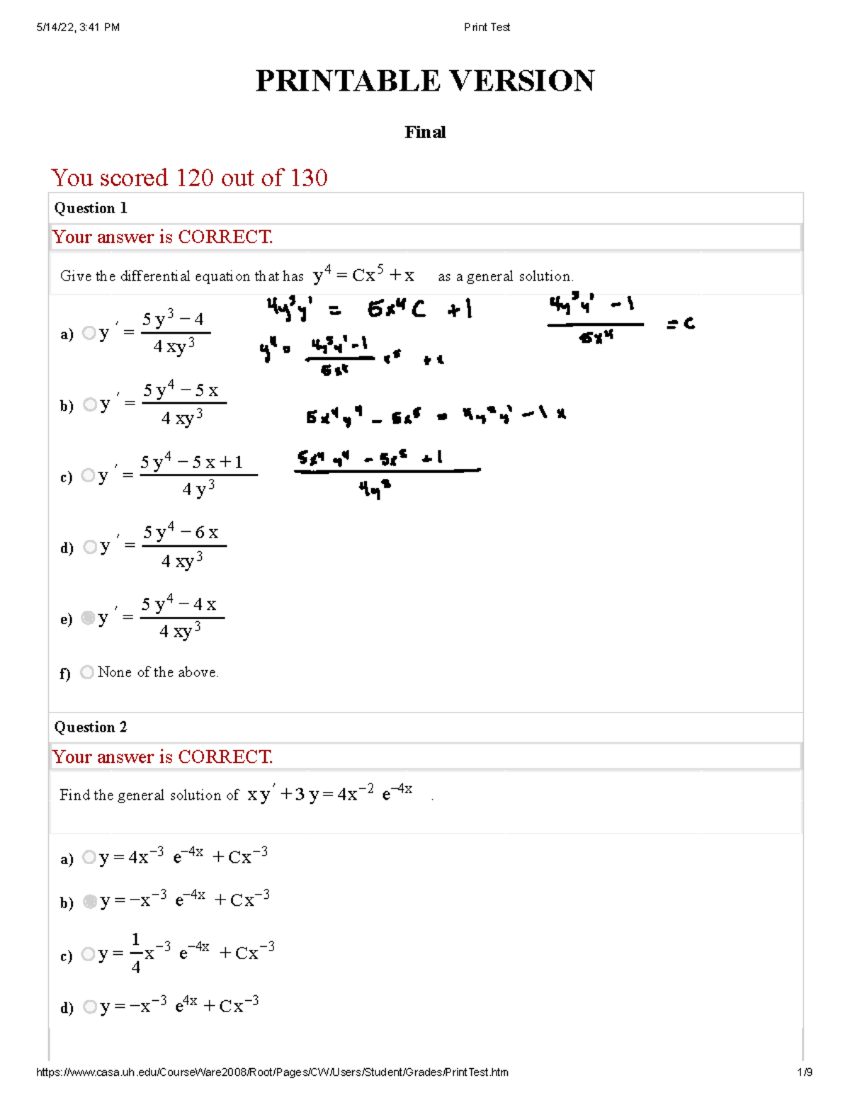 Emath final 1 - n/a - PRINTABLE VERSION Final You scored 120 out of 130 ...