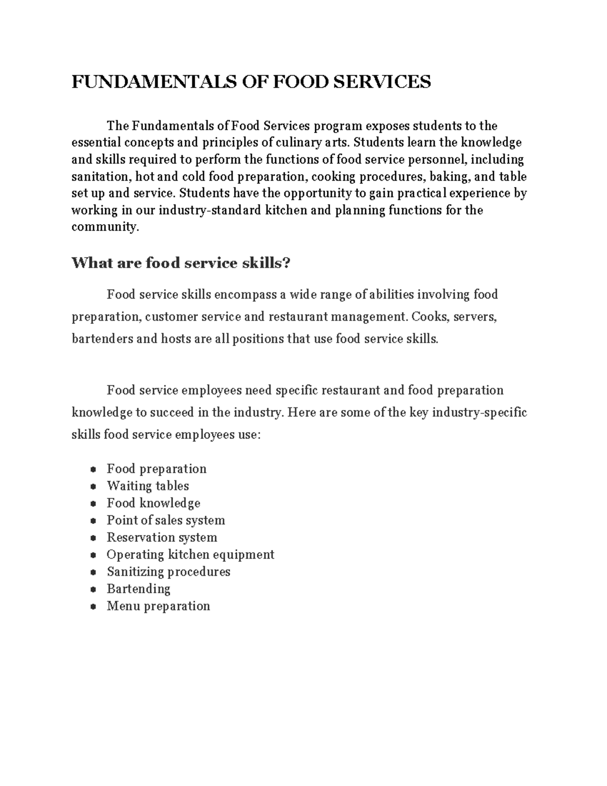 Fundamental Food Services: Key Skills and Training Overview - Studocu