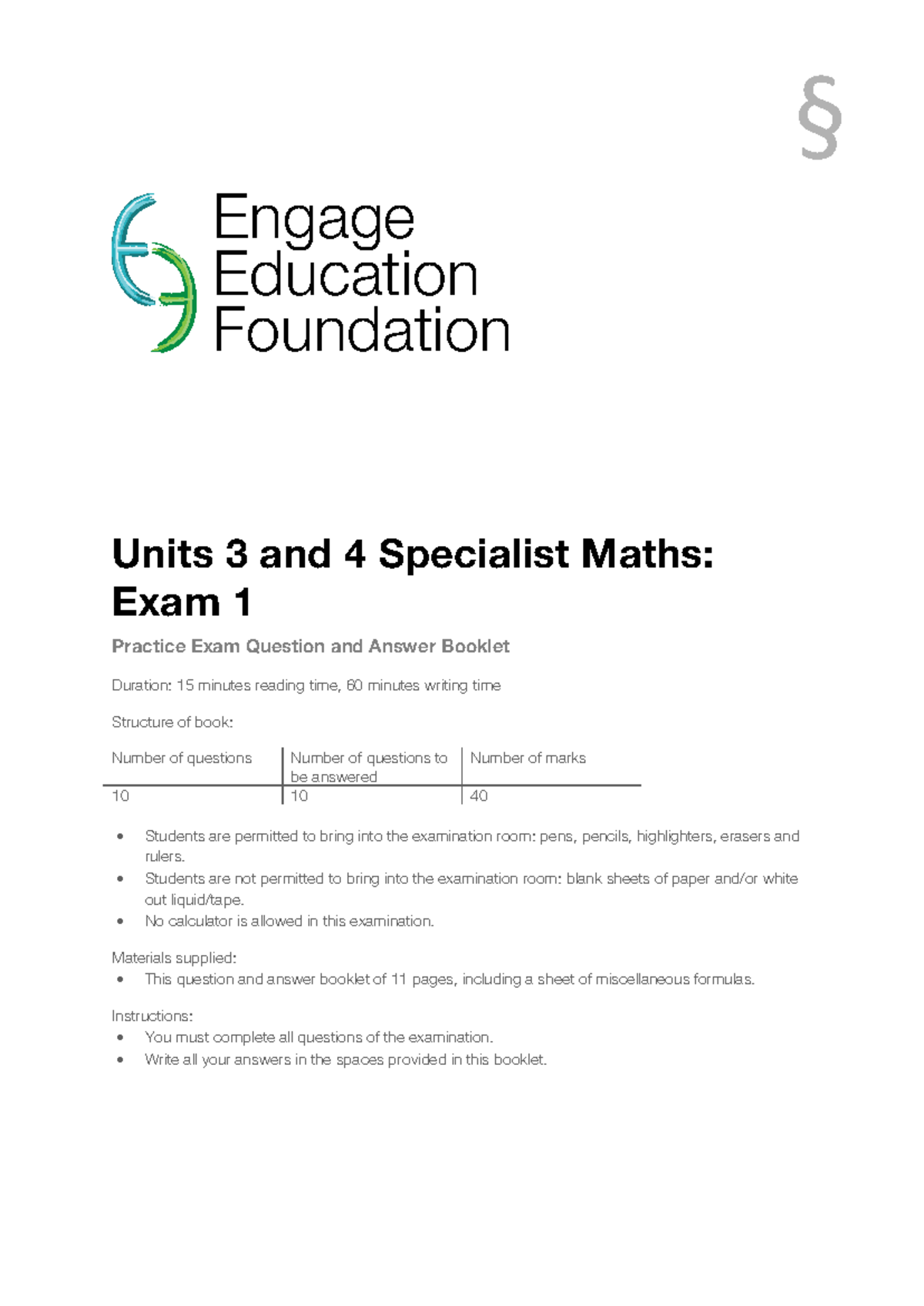 Engage Education Foundation VCE Specialist Maths Units 3 & 4: Exam 1 ...