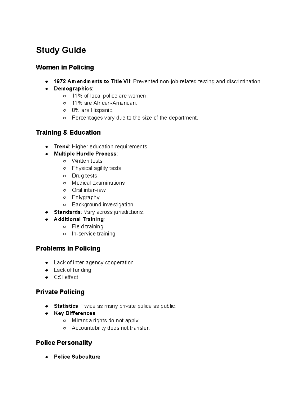 Study Guide: Women in Policing and Criminal Law Issues - Study Guide ...