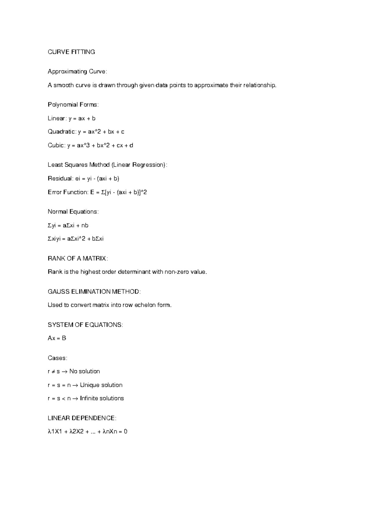 Unit 1 Topics - Math: Curve Fitting & Matrix Rank Overview - Studocu