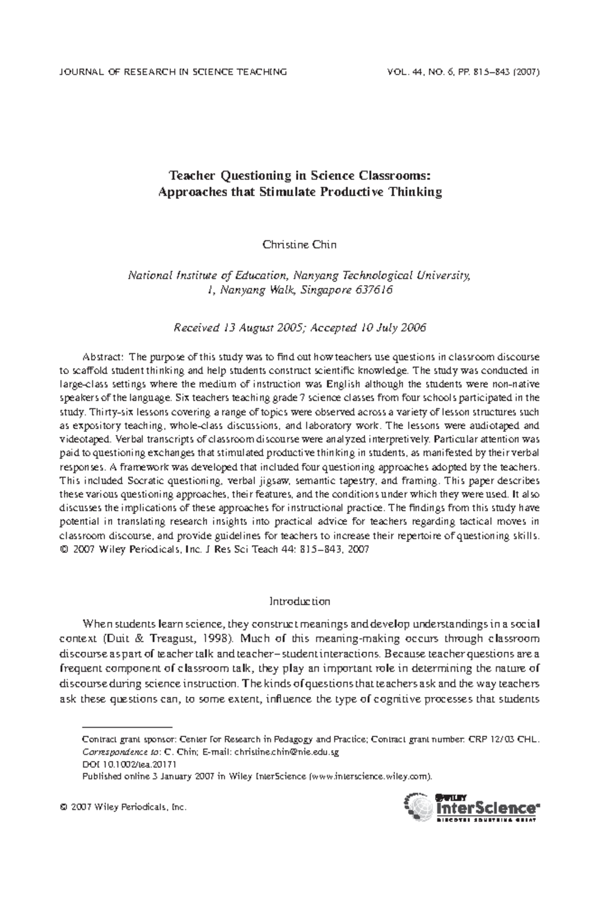 Teacher Questioning Strategies in Science Classrooms (J Res Sci Teach ...