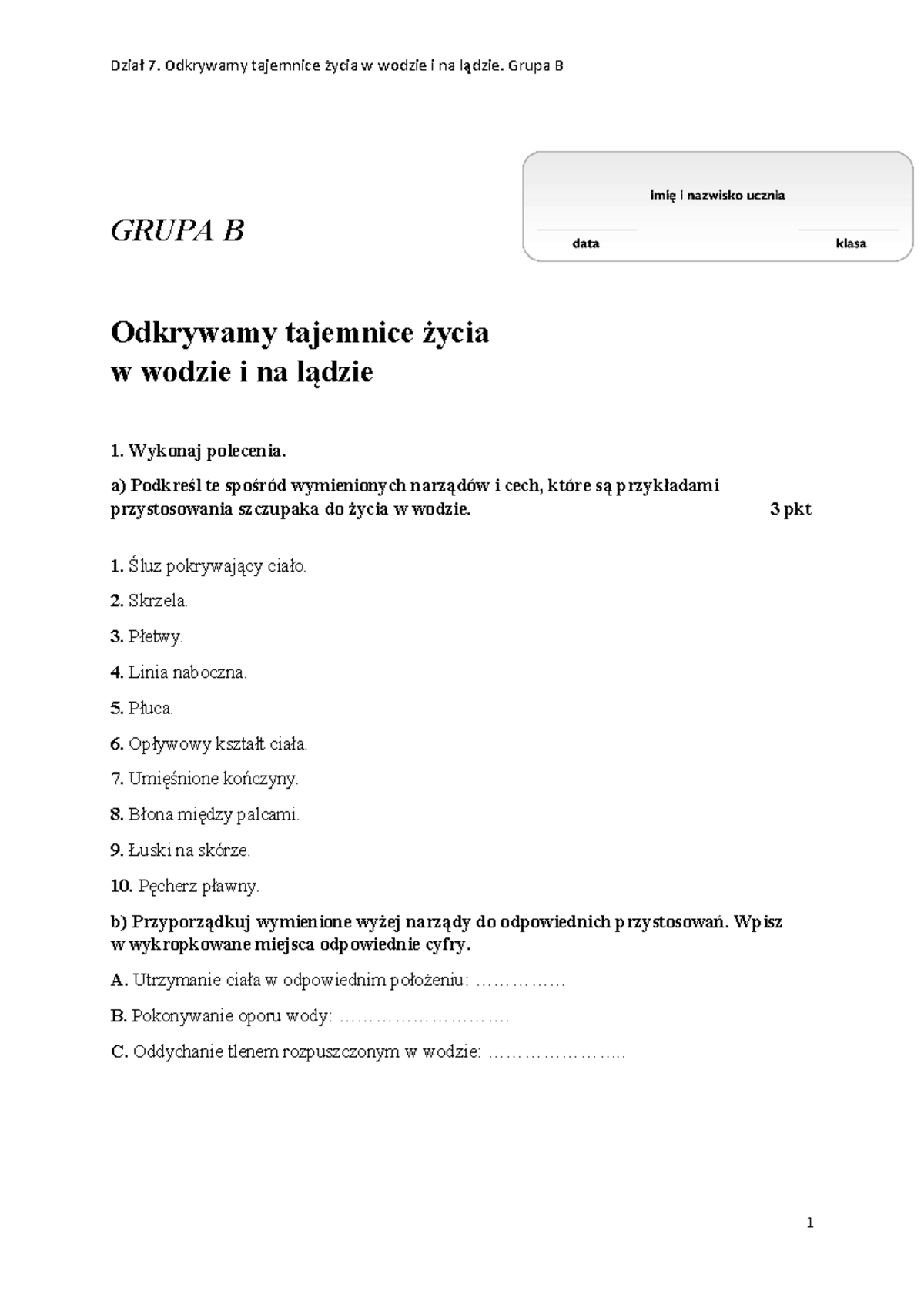 Sprawdzian z biologii po dziale 7 - Grupa B - Studocu