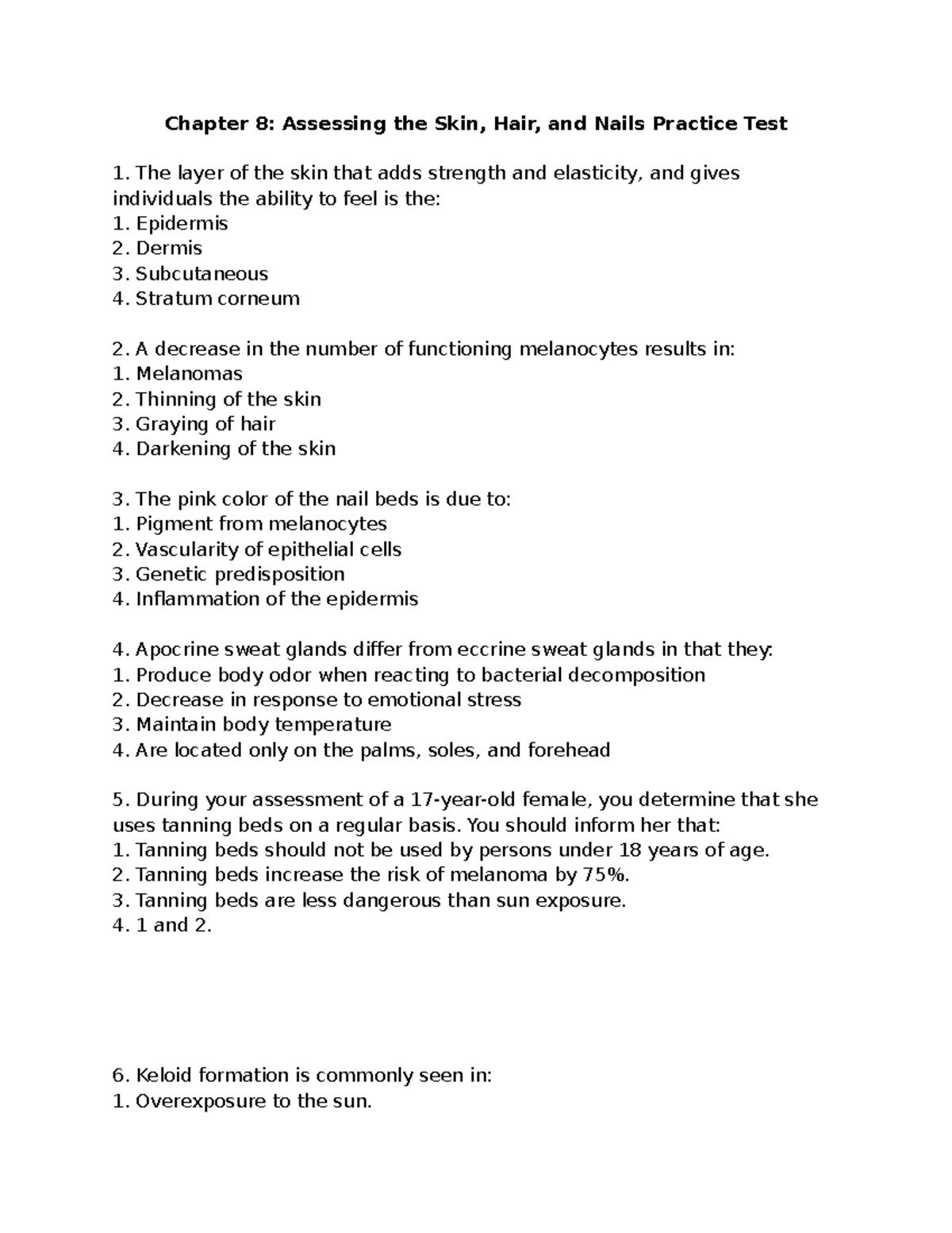 Health Assessments (NUR 101): Chapter 8 Skin, Hair, and Nails Practice ...