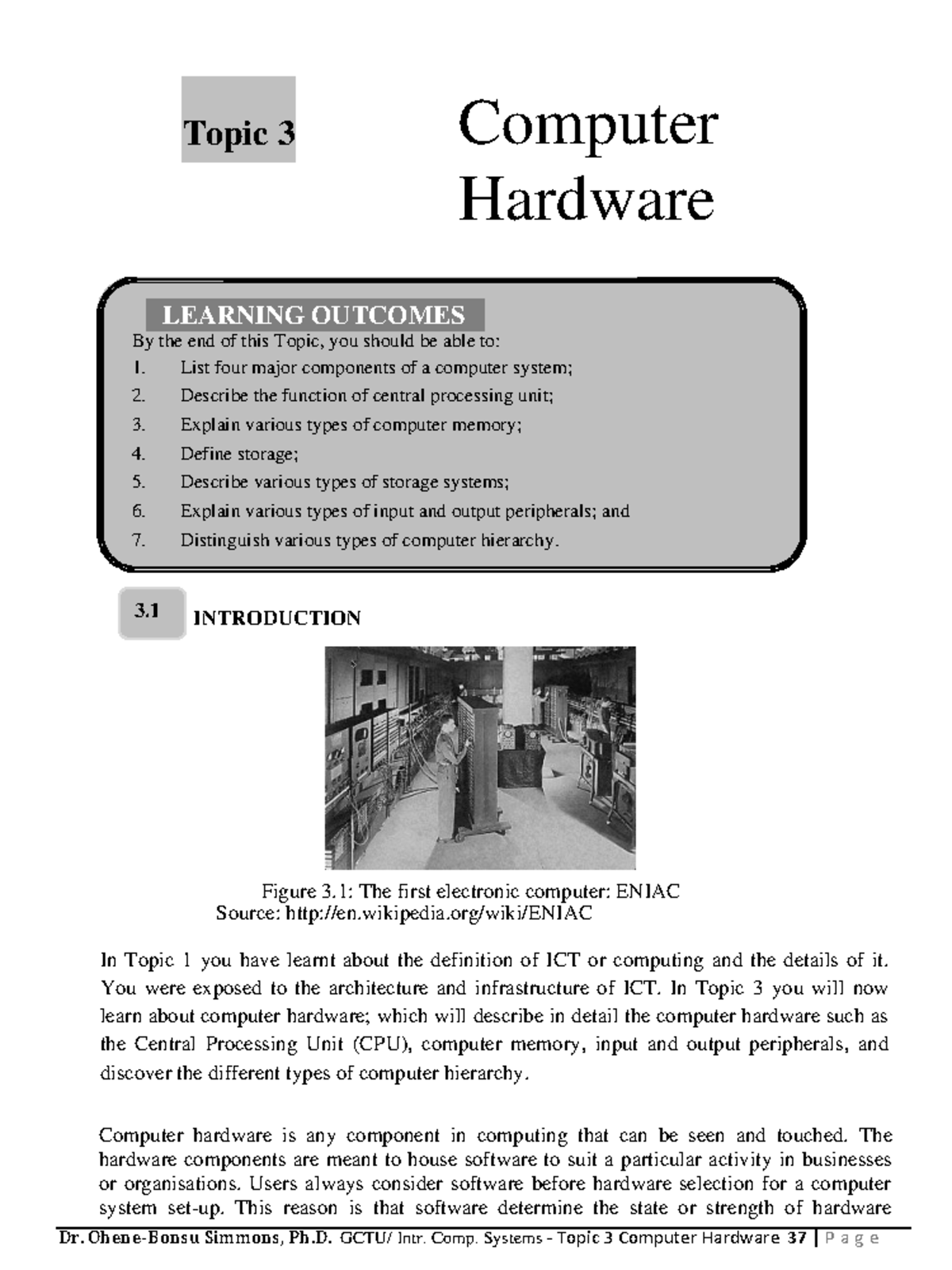 GCTU Intro to Computer Systems - Topic 3: Computer Hardware Overview ...