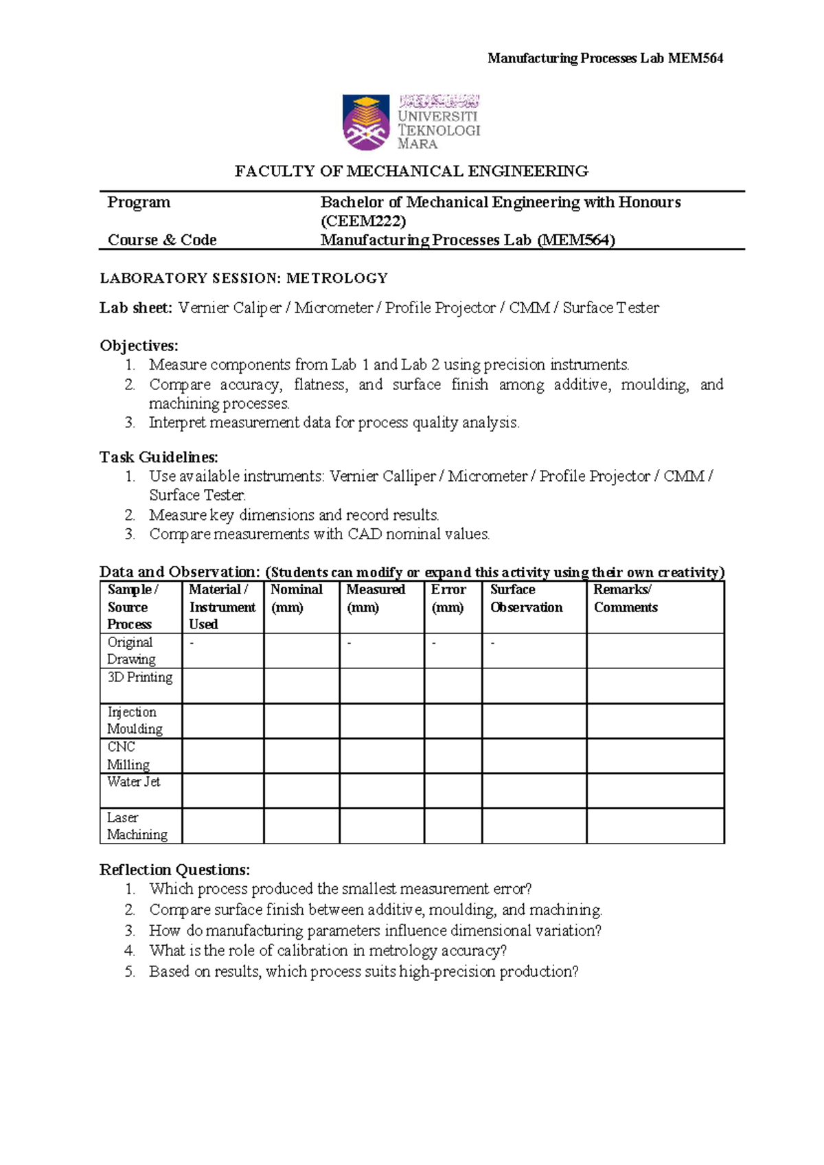 Lab 3 Metrology Report - MEM564 Manufacturing Processes Lab - Studocu