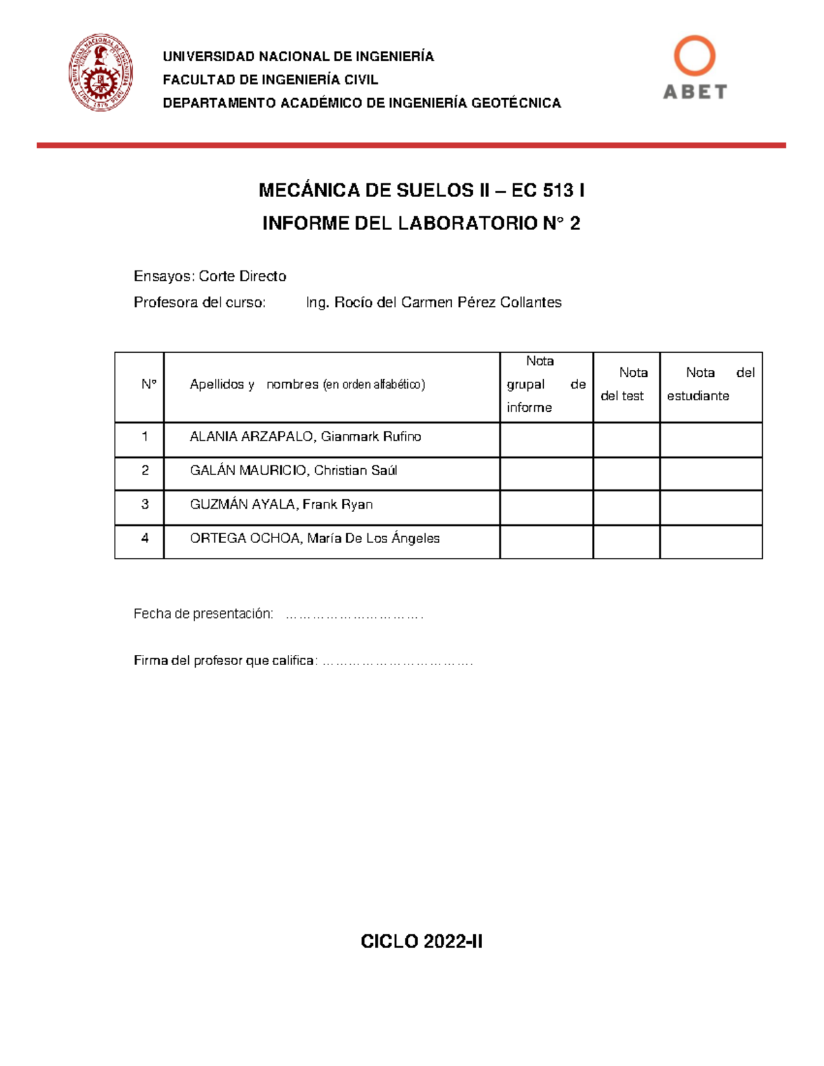 Informe de Laboratorio N° 2 - Mecánica de Suelos II - EC 513 I - Document Preview