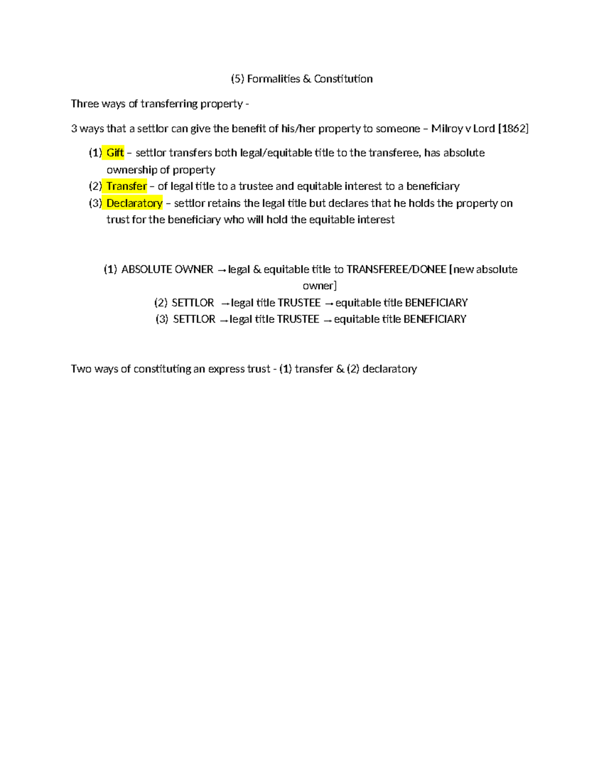 Formalities & Constitution in Property Law: Key Transfer Methods - Studocu