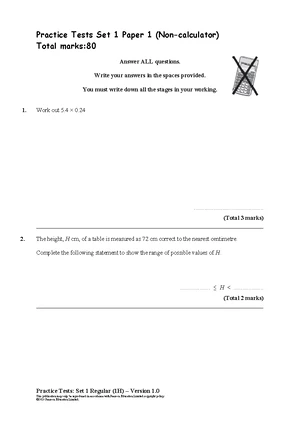 1MA1 Practice Test Set 1 - Paper 3H Mark Scheme Analysis - Studocu