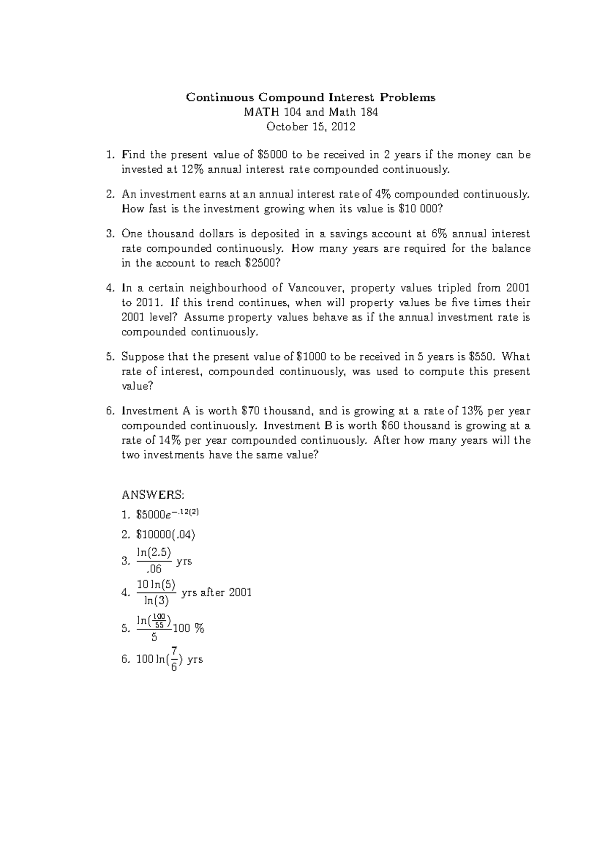 Continuousinterestproblems solutions - Continuous Compound Interest ...