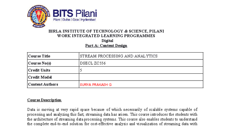 Stream Processing and Analytics Course Handout DSECL ZC556 - Studocu