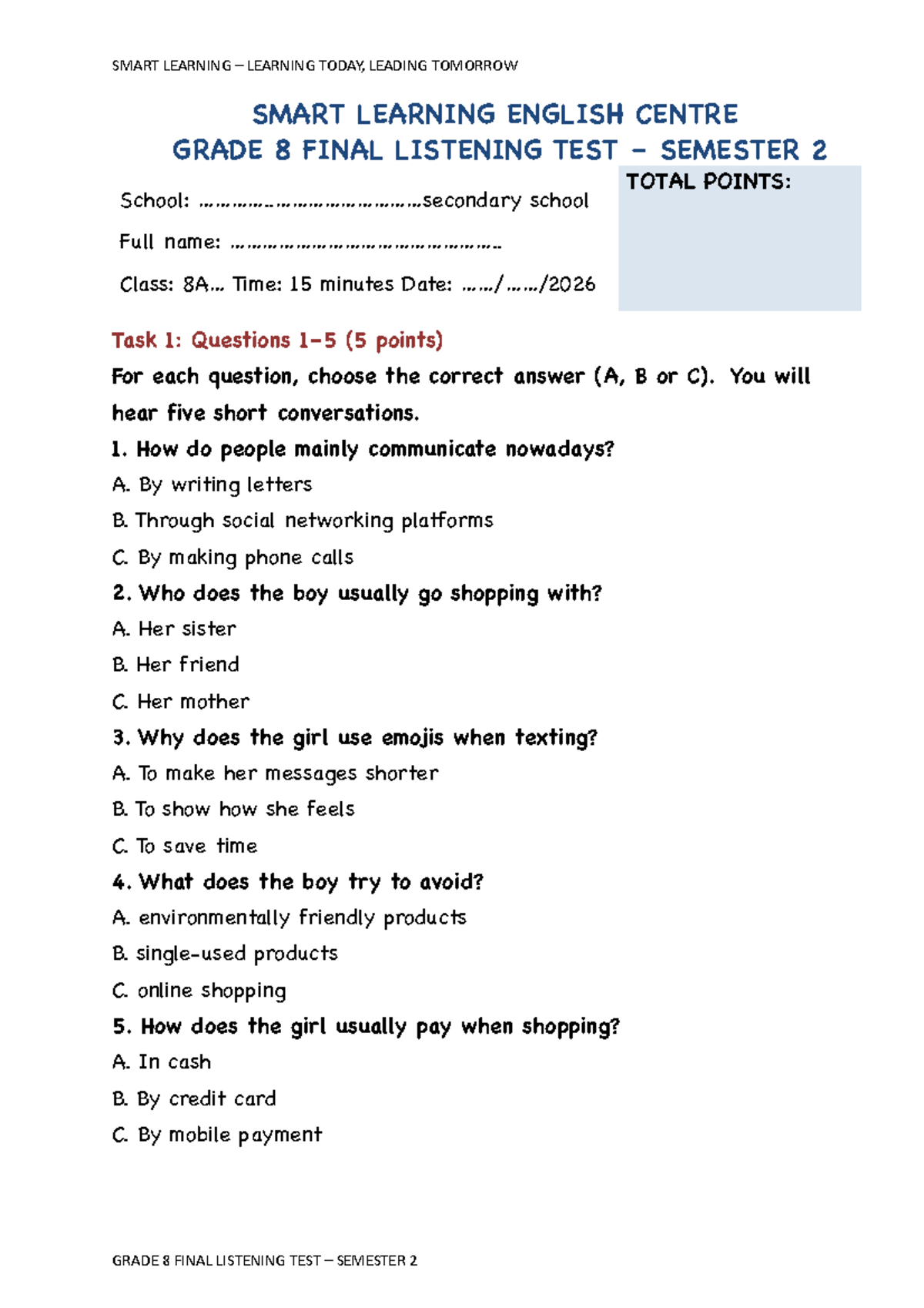 G8 Final Listening Test Semester 2 - SMART Learning - Studocu