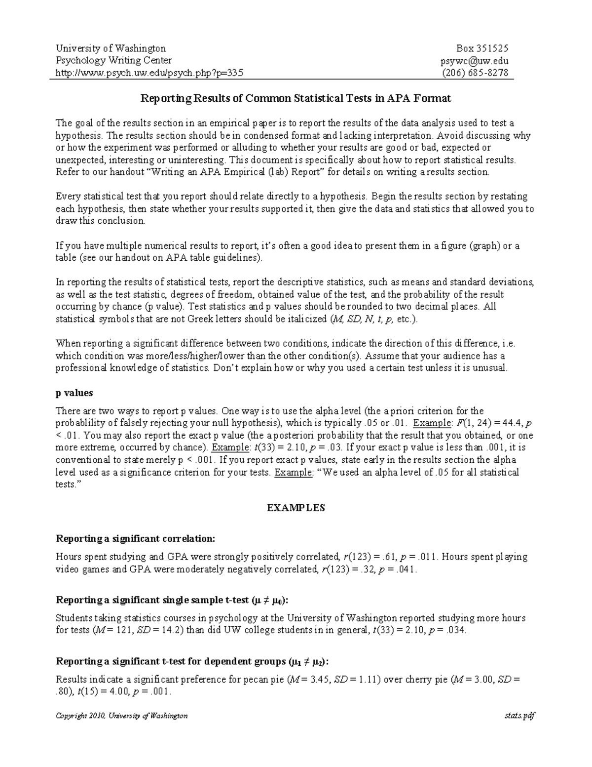 Reporting Results in APA Format - University of Washington Psychology ...