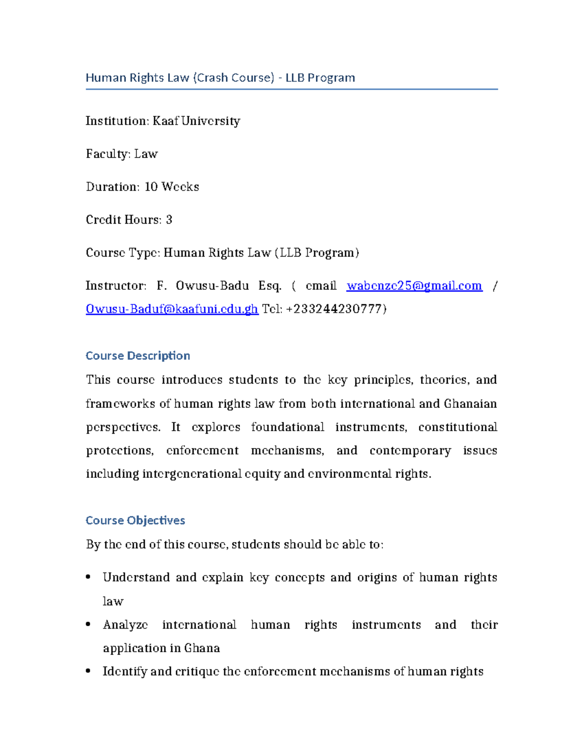 Human Rights Law Course Outline (LLB Program) - Crash Course - Studocu