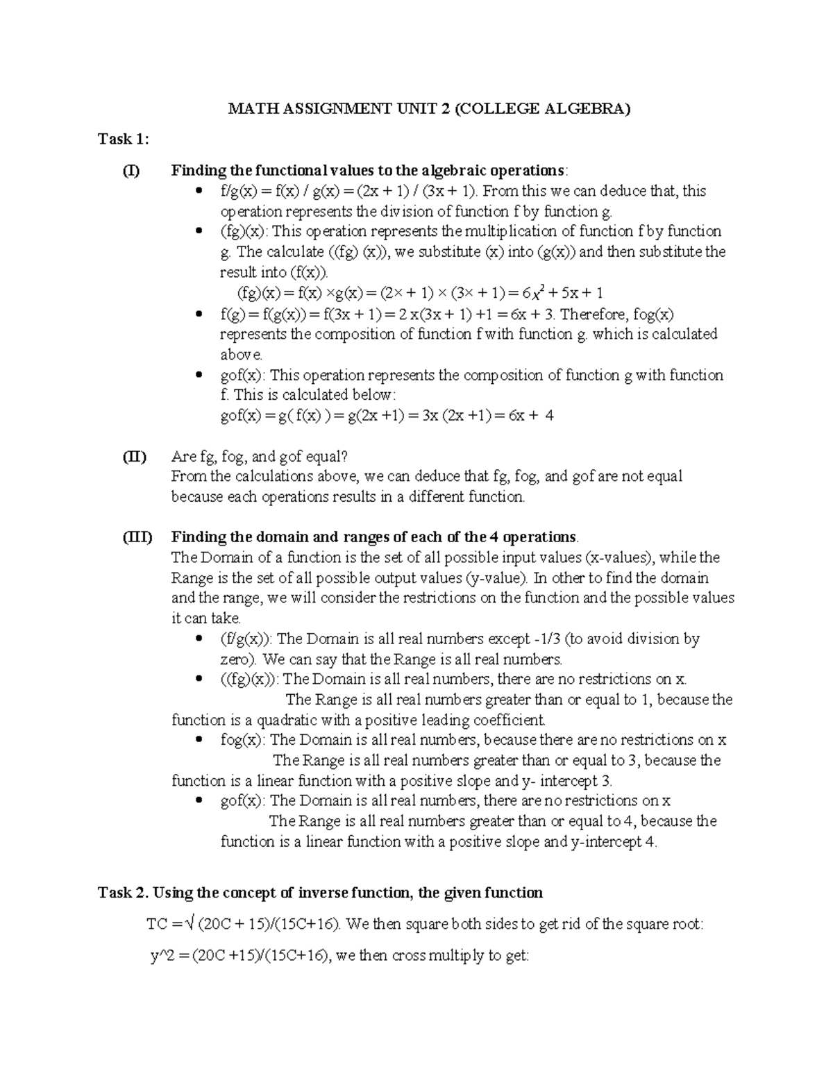 MATH Assignment UNIT 2 - MATH ASSIGNMENT UNIT 2 (COLLEGE ALGEBRA) Task ...