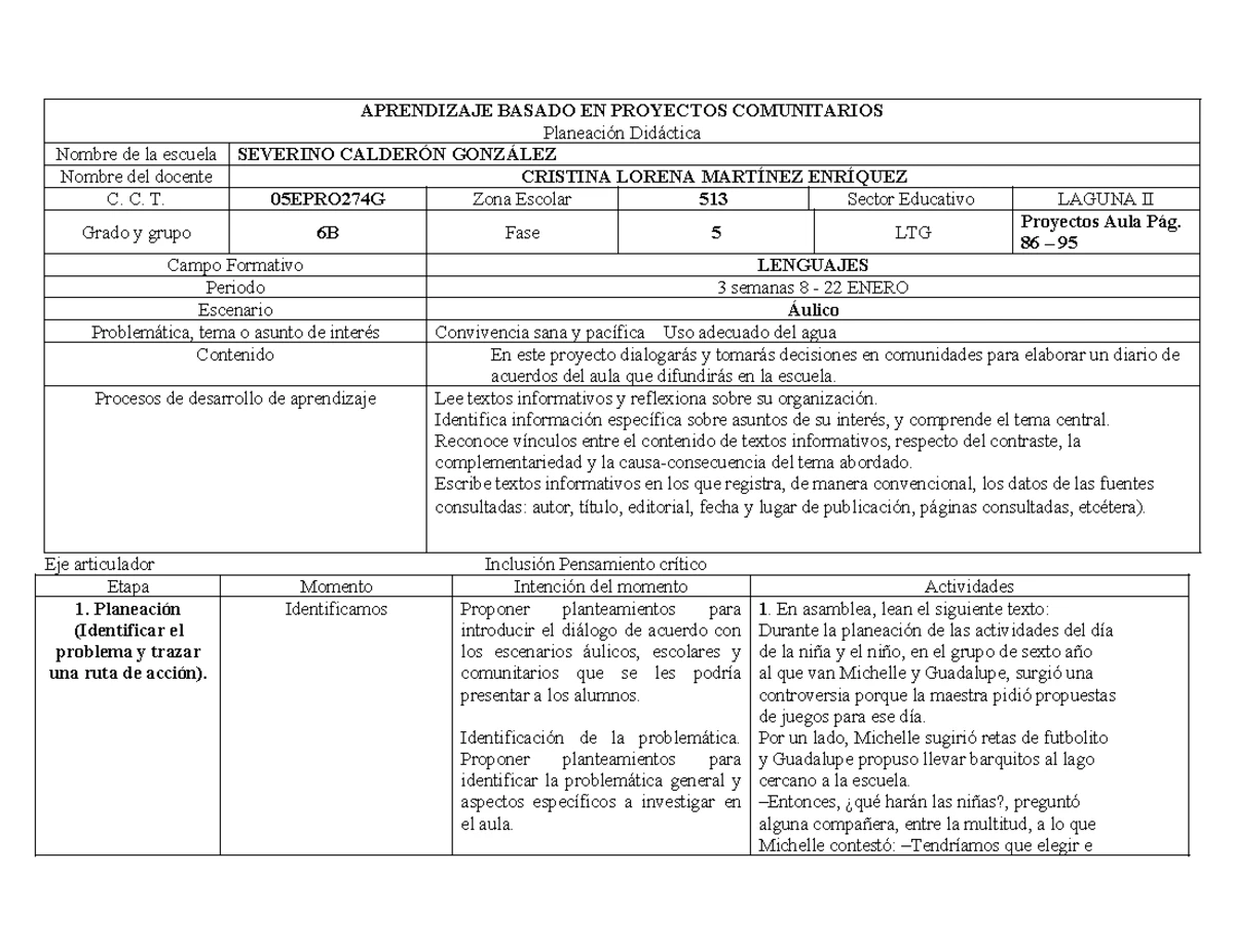 Planeación Didáctica de Proyectos Comunitarios para 6to Grado [3018 ...