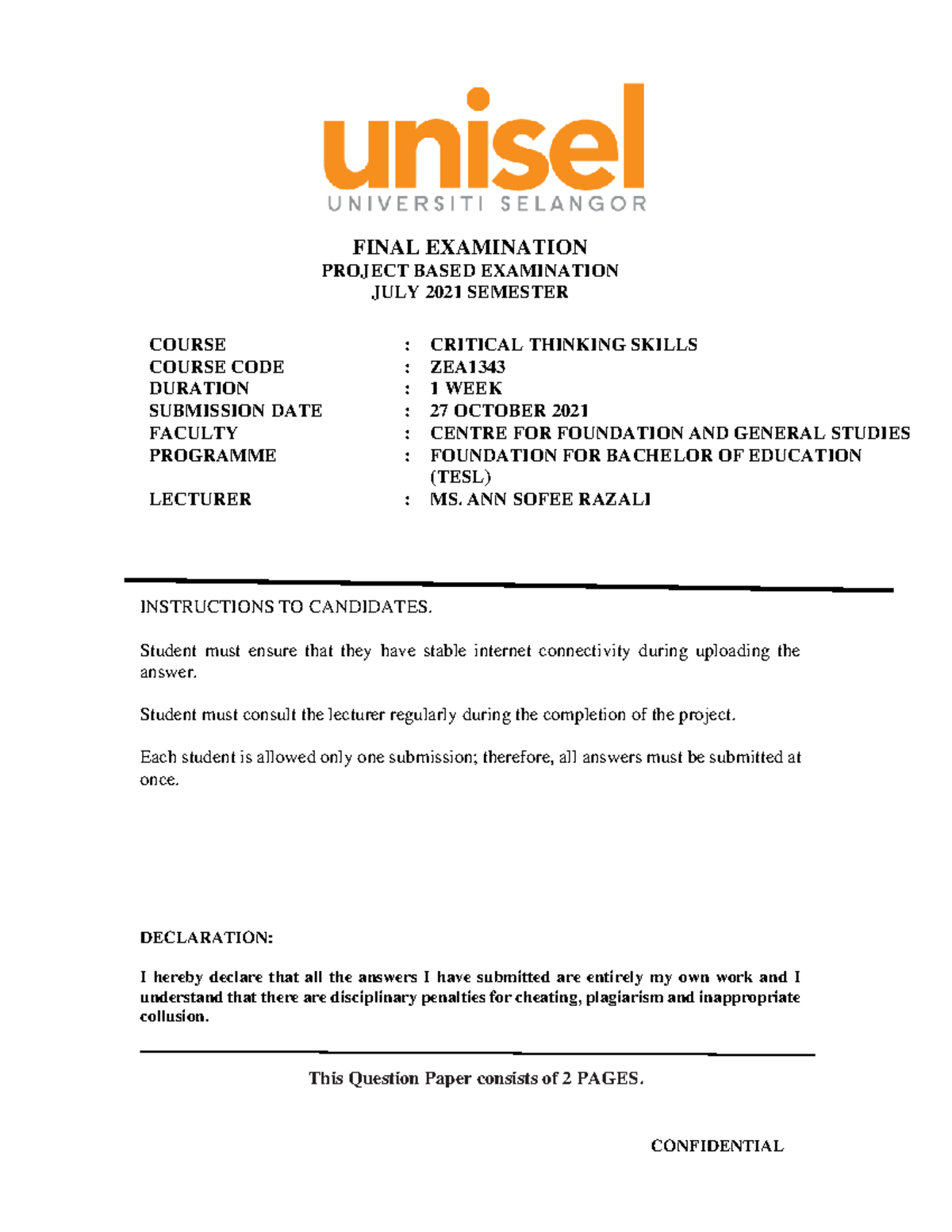 Final Exam: Critical Thinking Skills (CFGS/ZEA1343) - July 2021 - Studocu