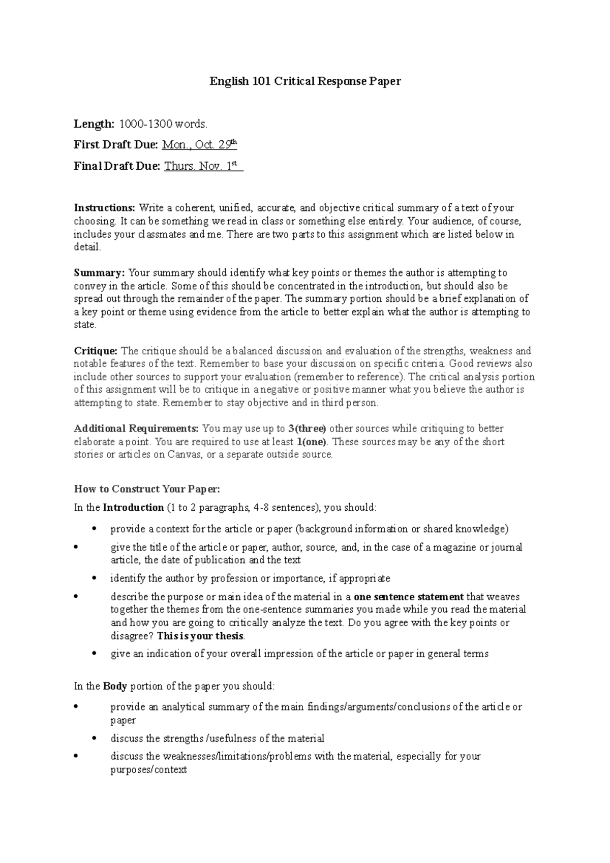 English 101 Critical Response Paper - First Draft Due: Mon., Oct. 29 th ...