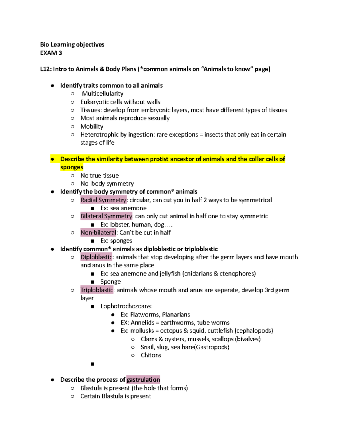 UCSD BIO 3 Exam Learning Objectives: Animals & Body Plans - Studocu