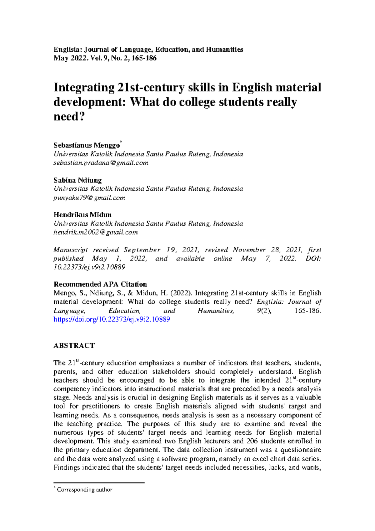 Integrating 21st Century Skills in English Material Development ...