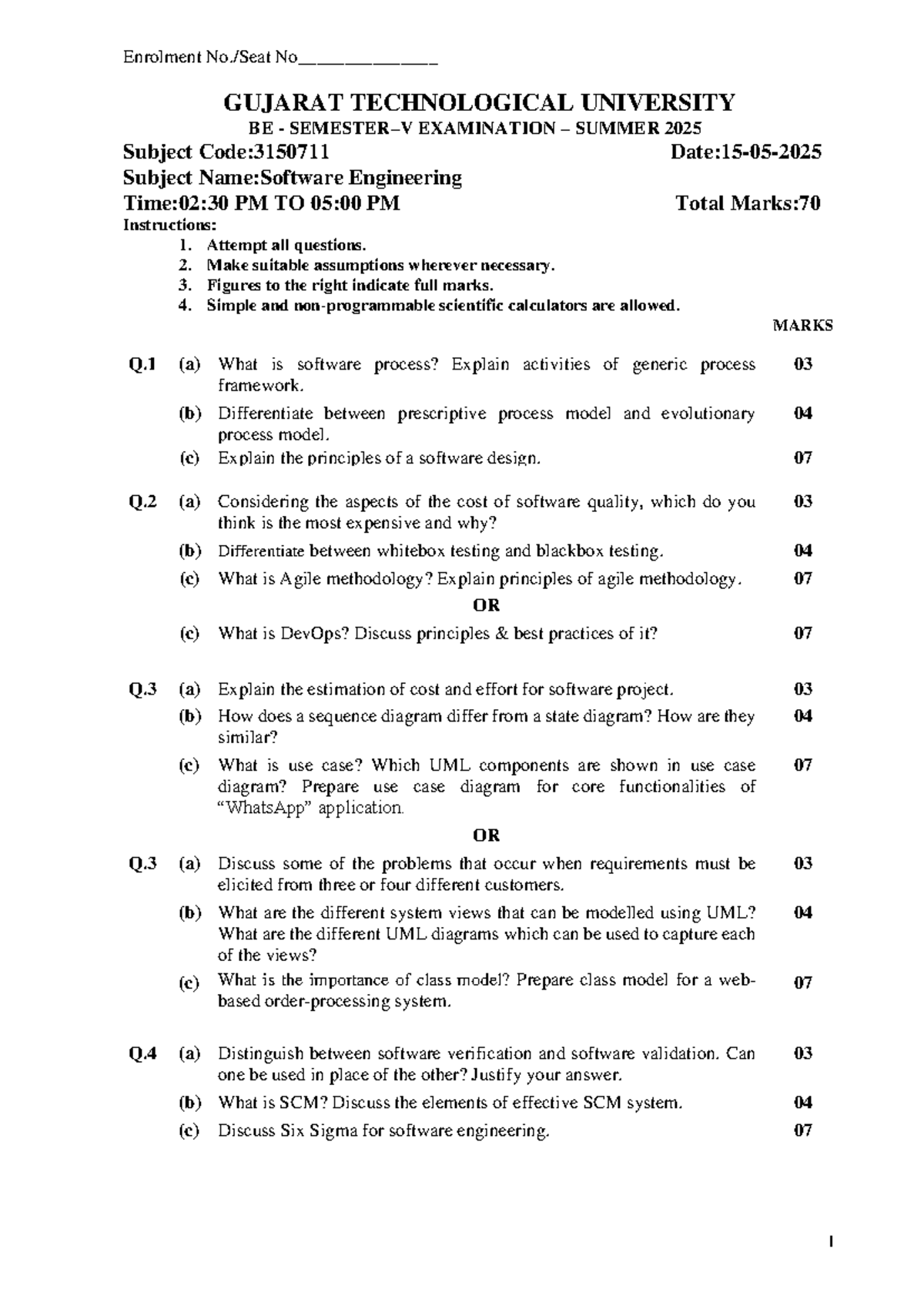 3150711 - Software Engineering Exam Questions Summer 2025 - Studocu