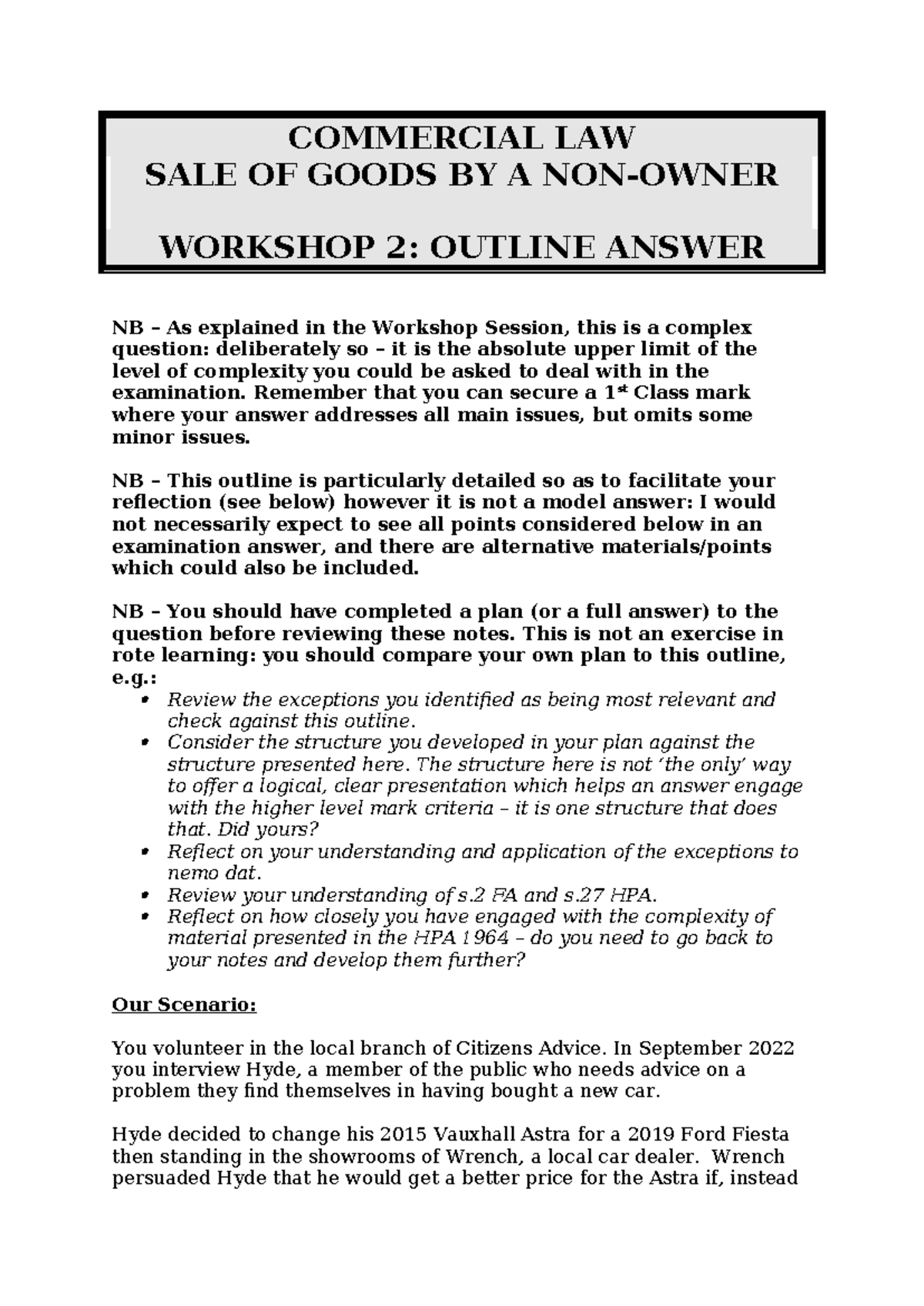 COMMERCIAL LAW: SALE OF GOODS WORKSHOP 2 OUTLINE ANSWER - Studocu