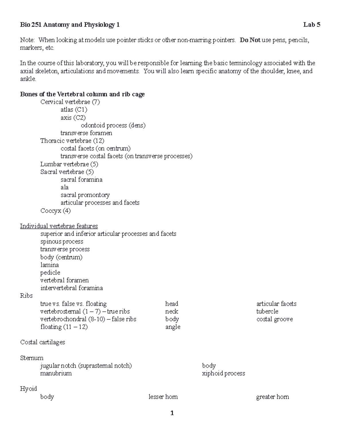 BIO 251 Lab 5 Axial Skeleton and Articulations Spring 2023 - Bio 251 ...
