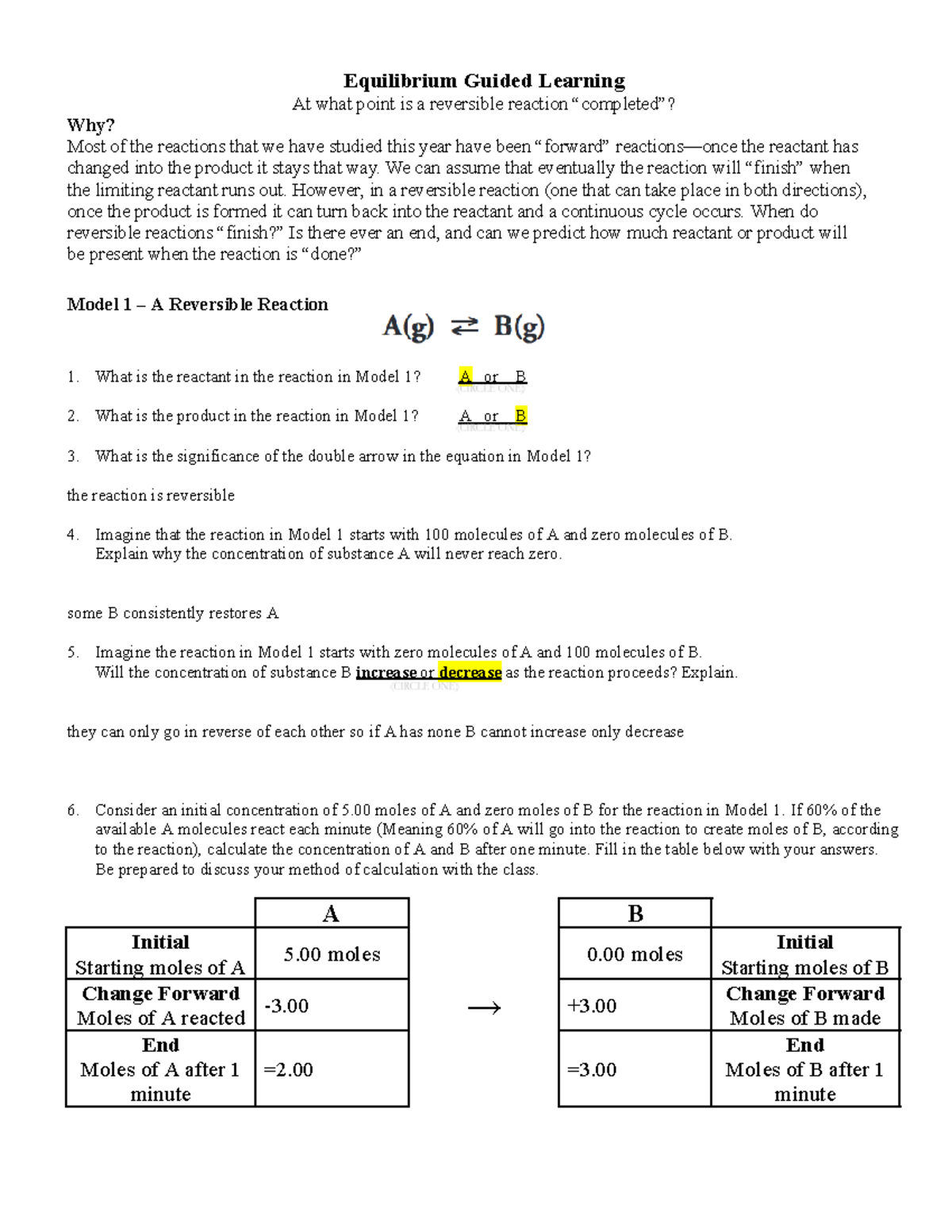 ANSWERS: POGIL Equilibrium Concepts and Reversible Reactions - Studocu