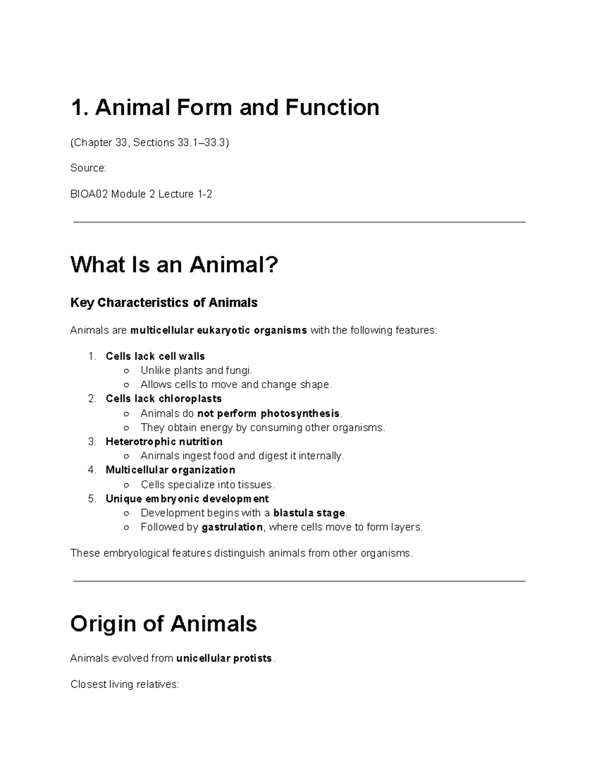 BIOA02 Module 2 Lecture: Animal Form and Function Overview - Studocu