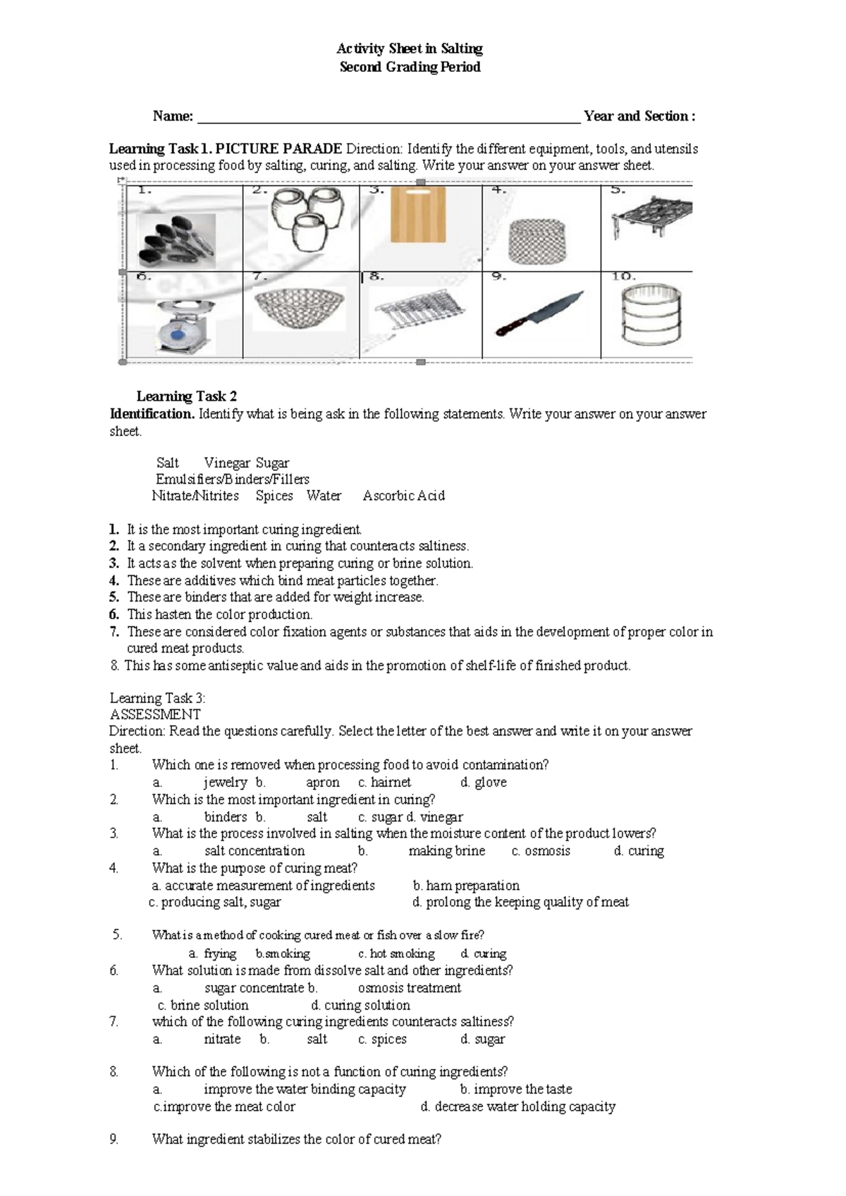 Activity sheet in salting - Activity Sheet in Salting Second Grading ...