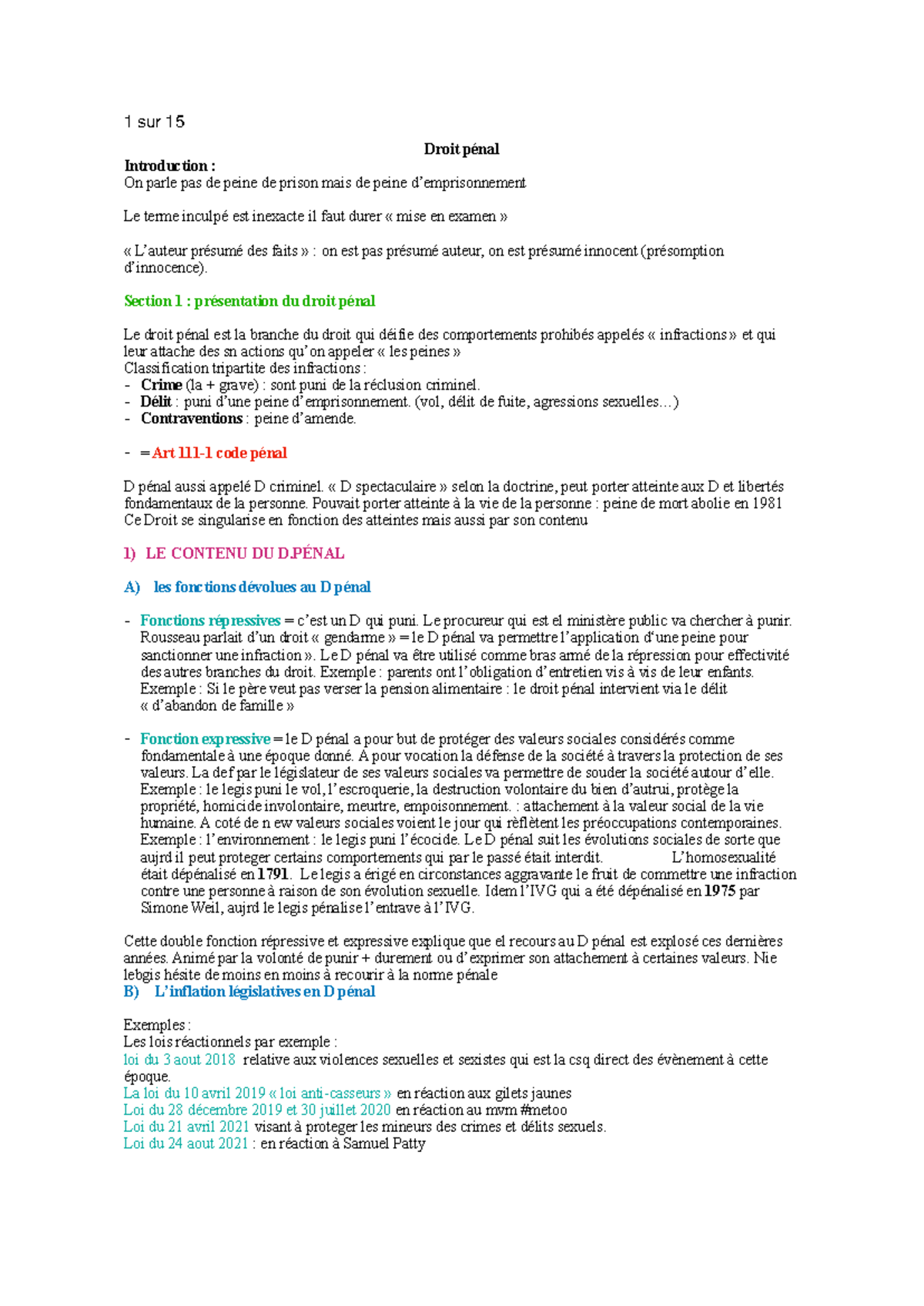 Partie 1 droit pénal - Droit pénal Introduction : On parle pas de peine ...