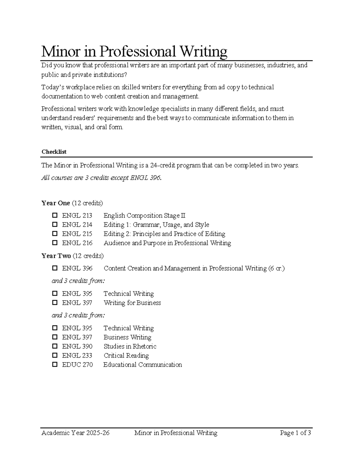 Minor in Professional Writing Overview and Course Details - Studocu