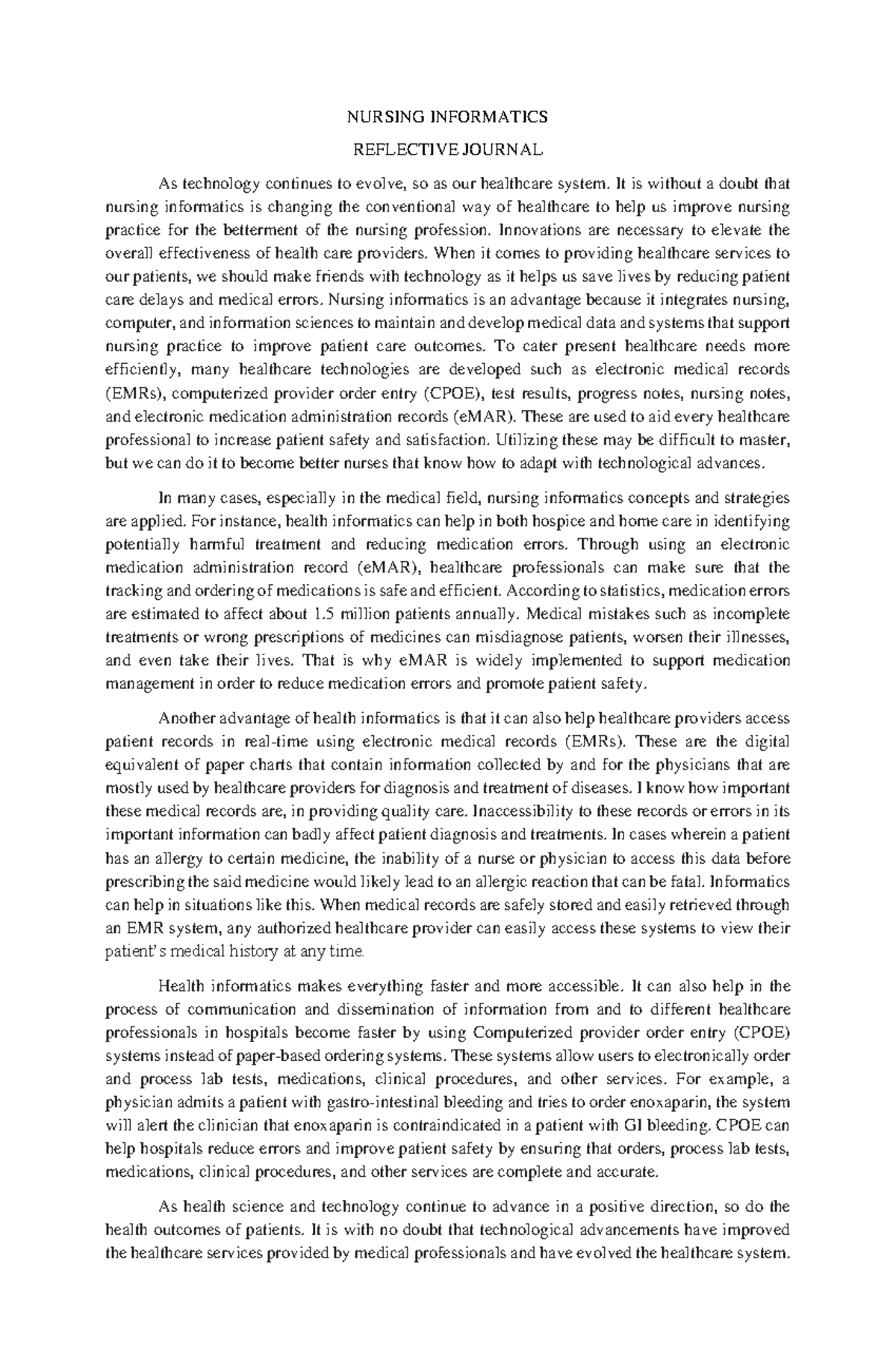 Nursing Informatics- Reflective Journal - NURSING INFORMATICS ...