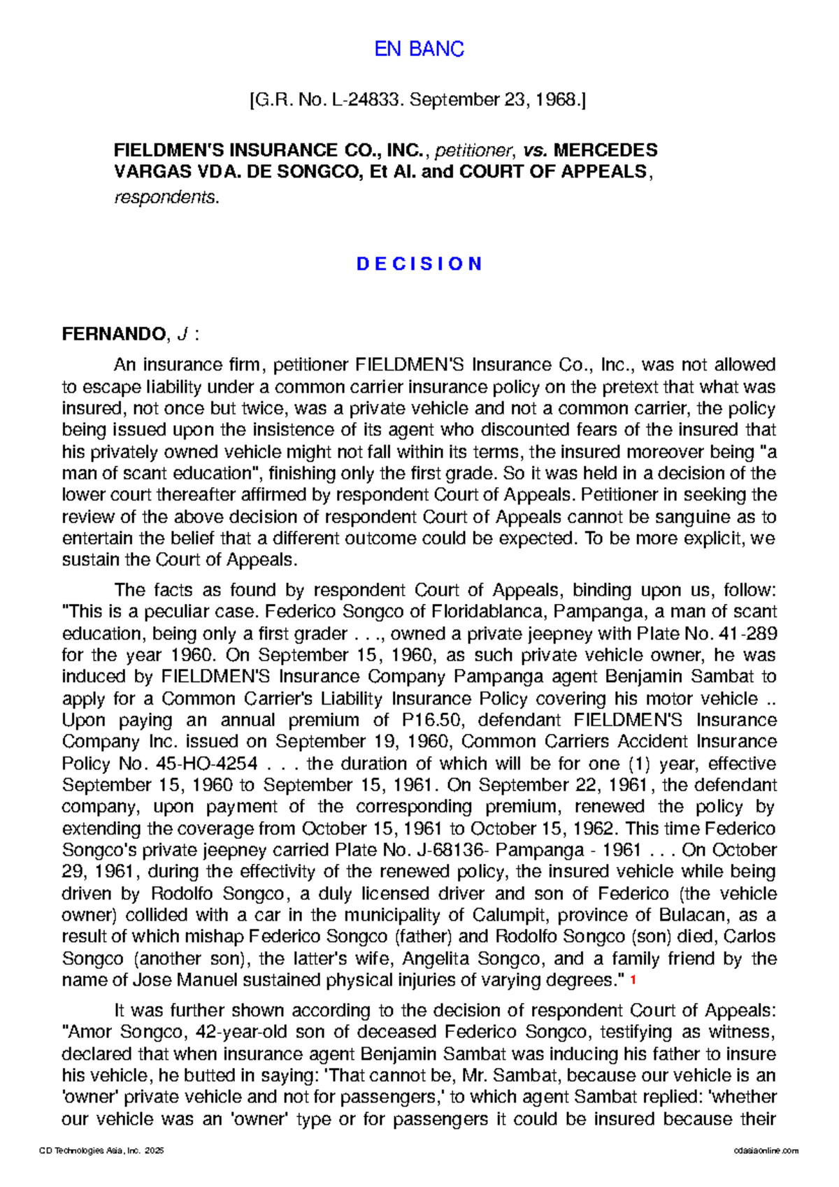EN BANC No. September 23: Fieldmen's Ins. Co. v. Vda. de Songco ...