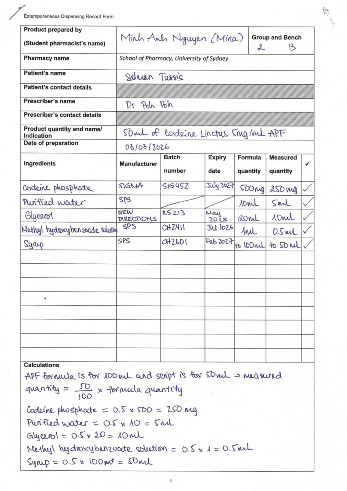 Extemporaneous Dispensing Record Form for Codeine Linctus & Sodium ...